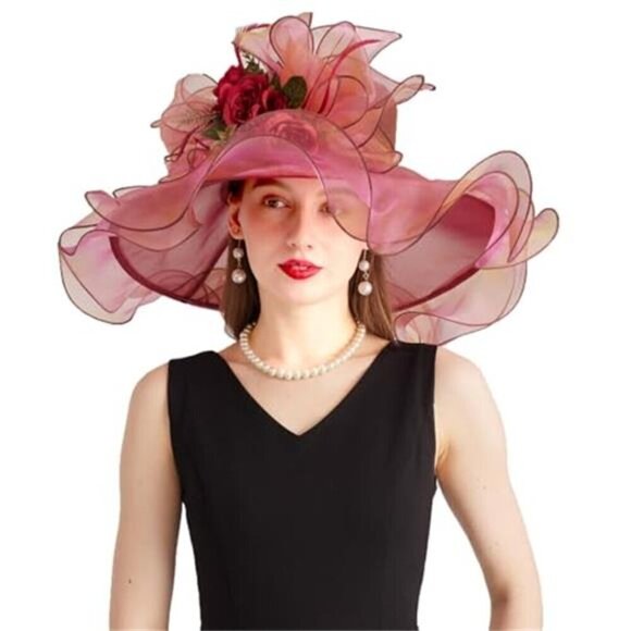 Women\'s Derby Church Hat Organza Flower Fascinator Wide Brim Sun Hat main image 6